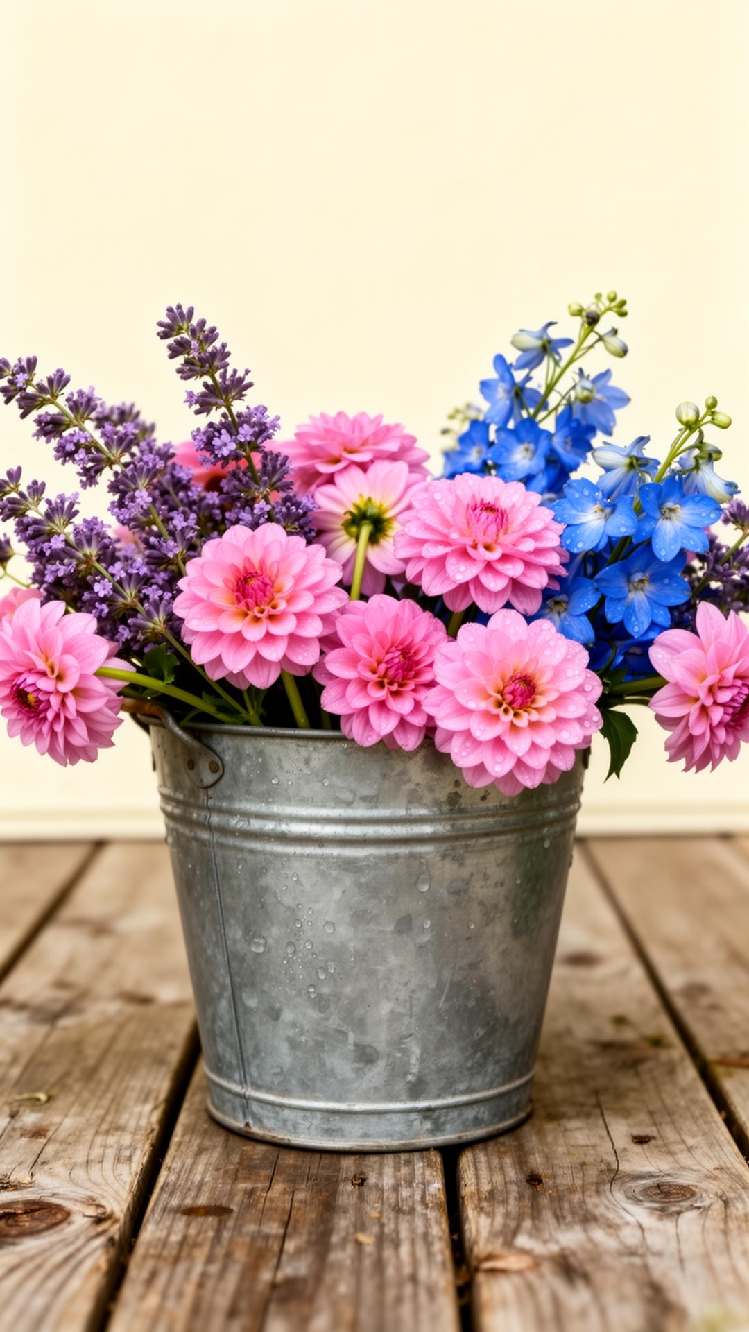 A galvanized bucket of fresh-cut pink dahlias, lavender, and blue delphinium on a porch.