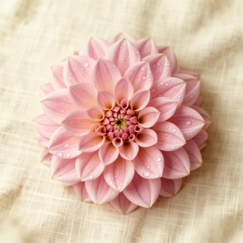 Pink café au lait dahlia bloom from above.