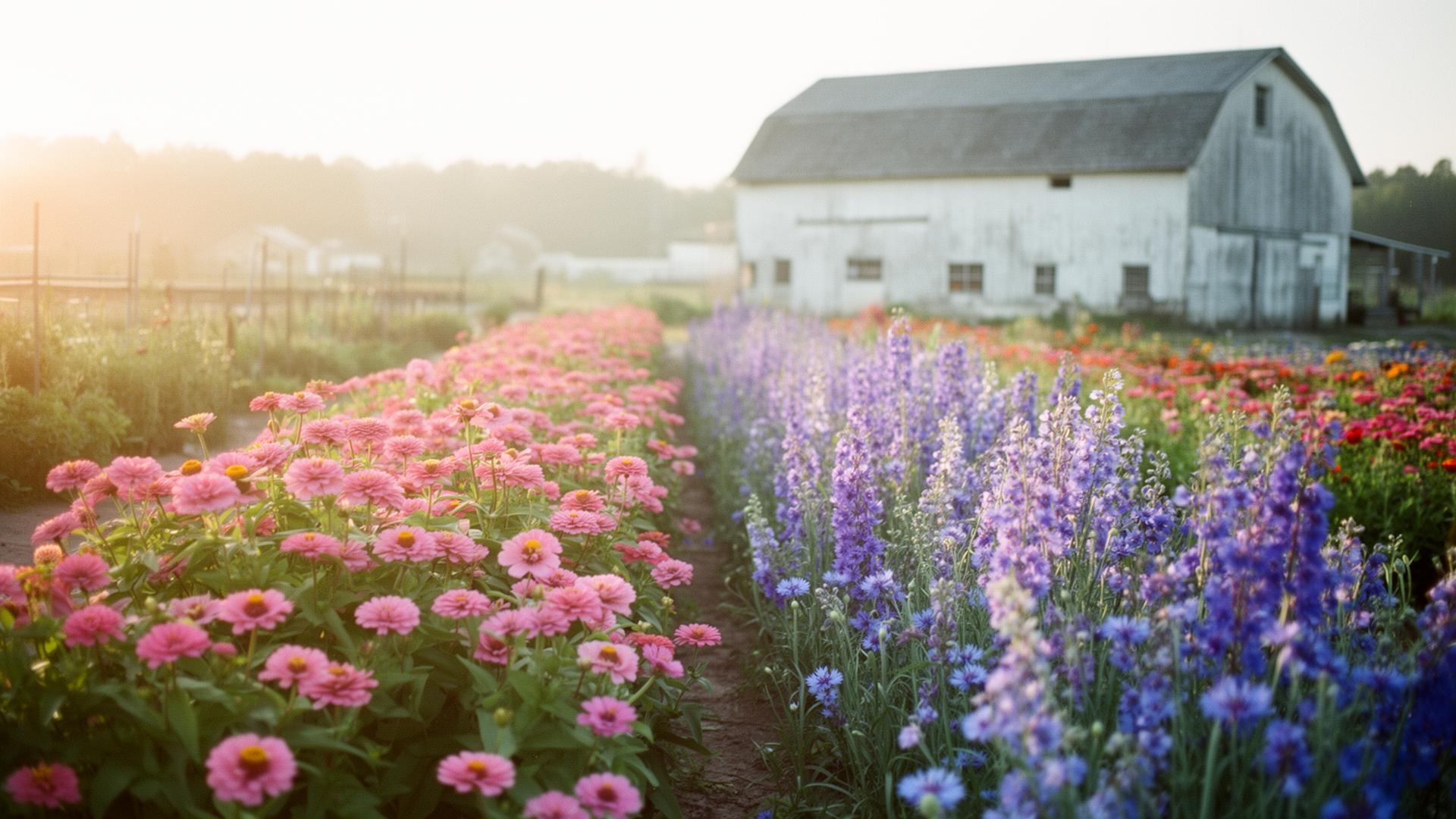 Rows of pink zinnias and purple larkspur leading toward a white barn at golden hour.