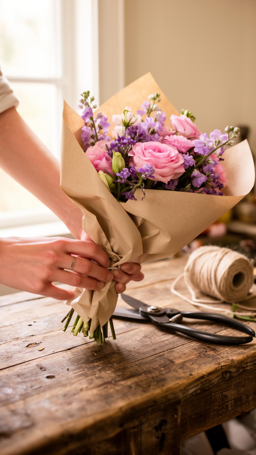 Hands wrapping a fresh bouquet of pink roses and lavender stock in kraft paper.