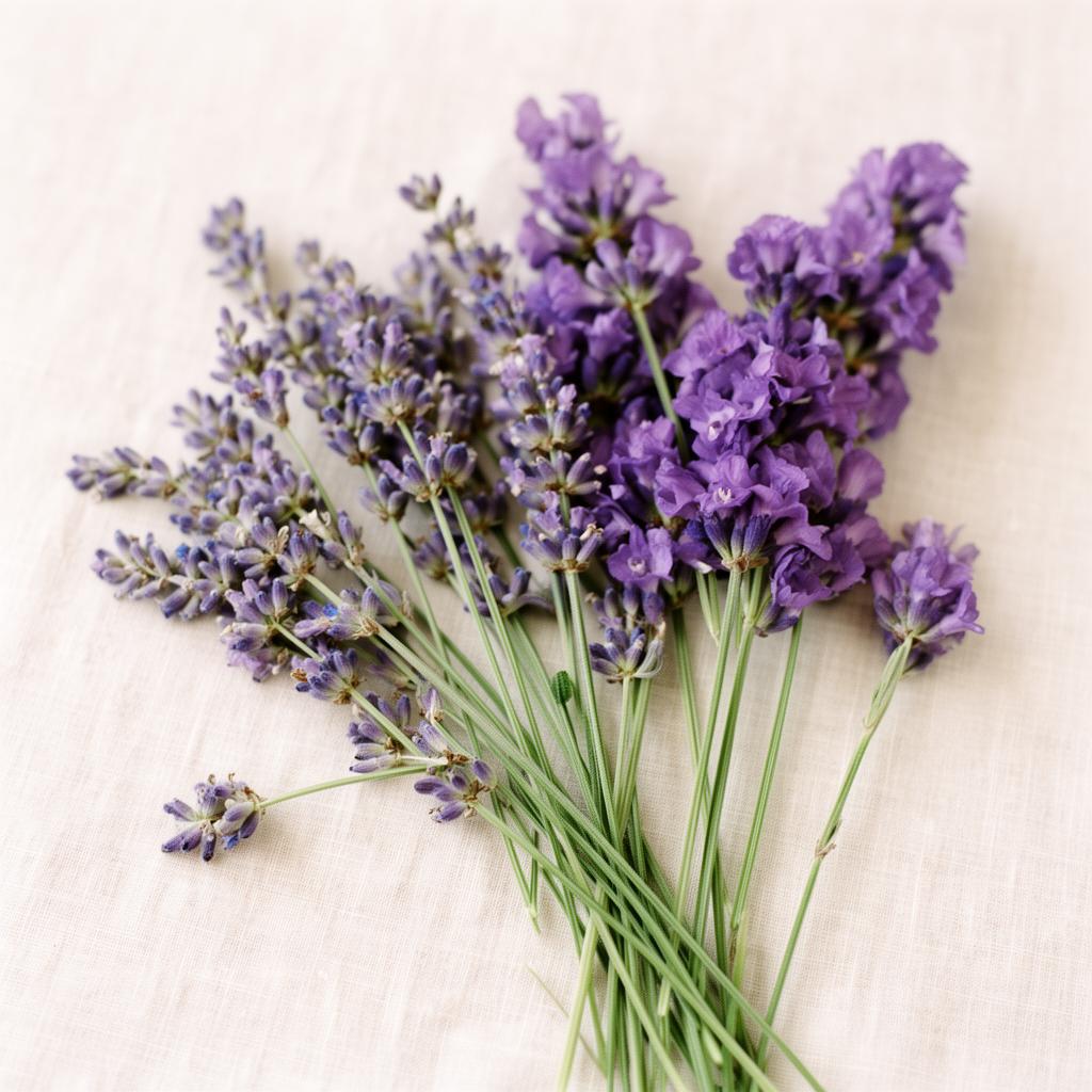 Lavender and purple stock on a cream linen background.